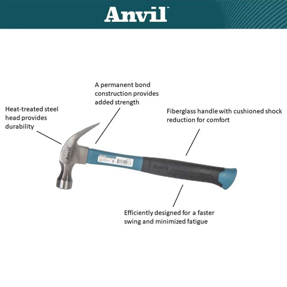 Anvil 16 oz. Fiberglass Claw Hammer - Image 2
