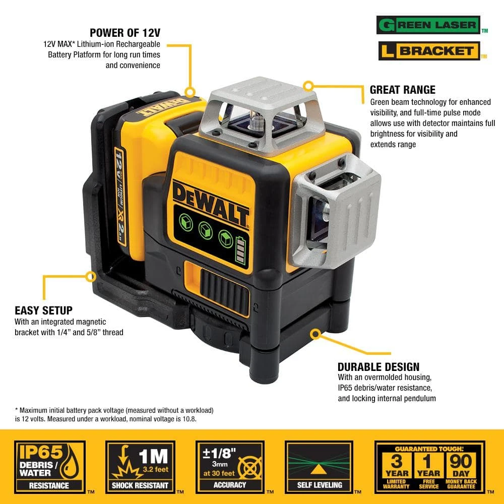 DEWALT 12-Volt MAX Lithium-Ion 100 ft. Green Self-Leveling 3-Beam 360 Degree Laser Level with 2.0Ah Battery, Charger & Case - Image 2