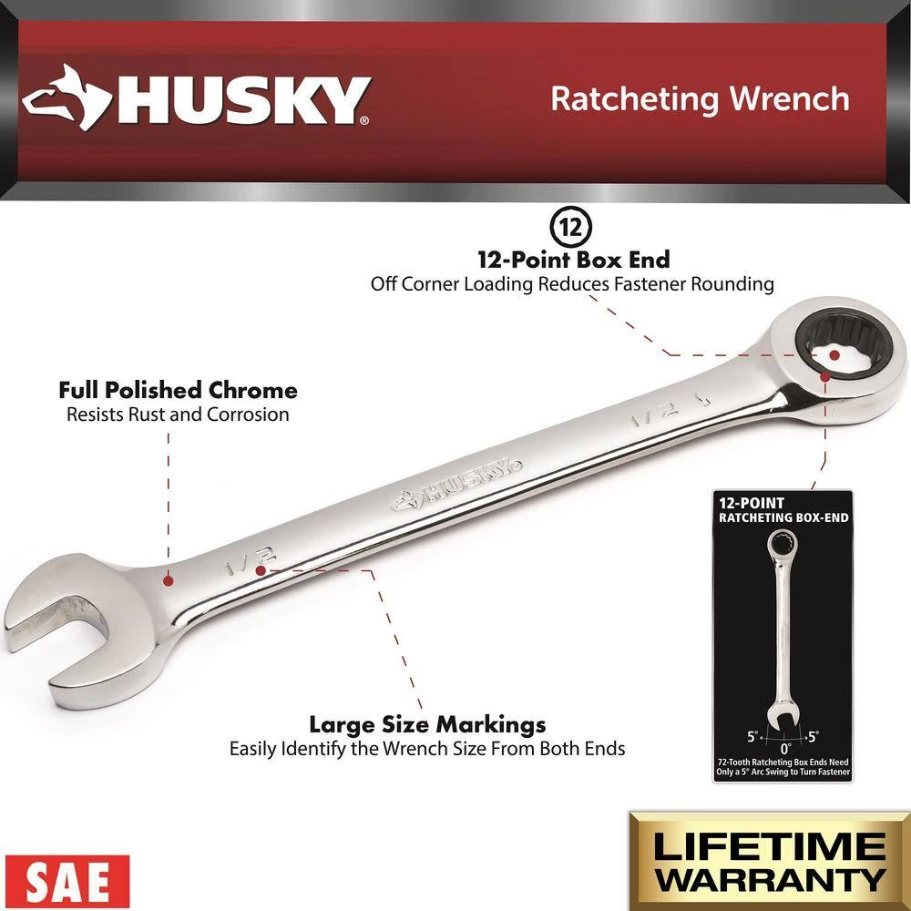 Husky 11/16 in. 12-Point SAE Ratcheting Combination Wrench - Image 2