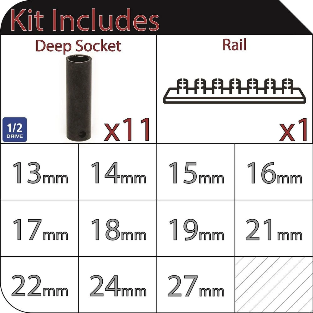 Husky 1/2 in. Drive Deep Metric Impact Socket Set (11-Piece) - Image 2