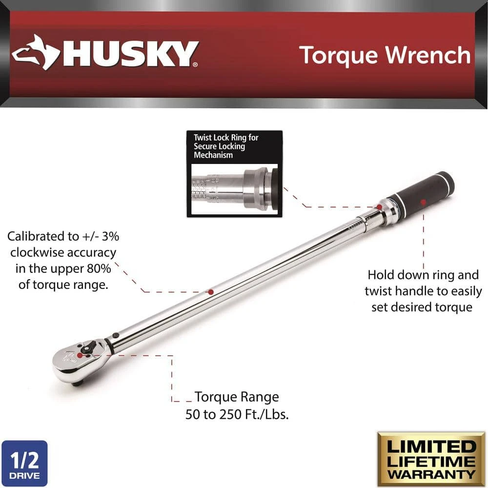 Husky 50 ft. /lbs. to 250 ft. /lbs. 1/2 in. Drive Torque Wrench - Image 2