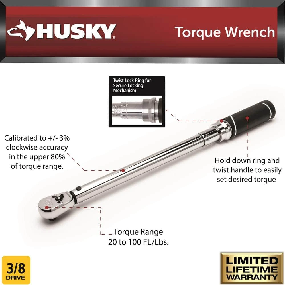 Husky 20 ft. /lbs. to 100 ft. /lbs. 3/8 in. Drive Torque Wrench - Image 2