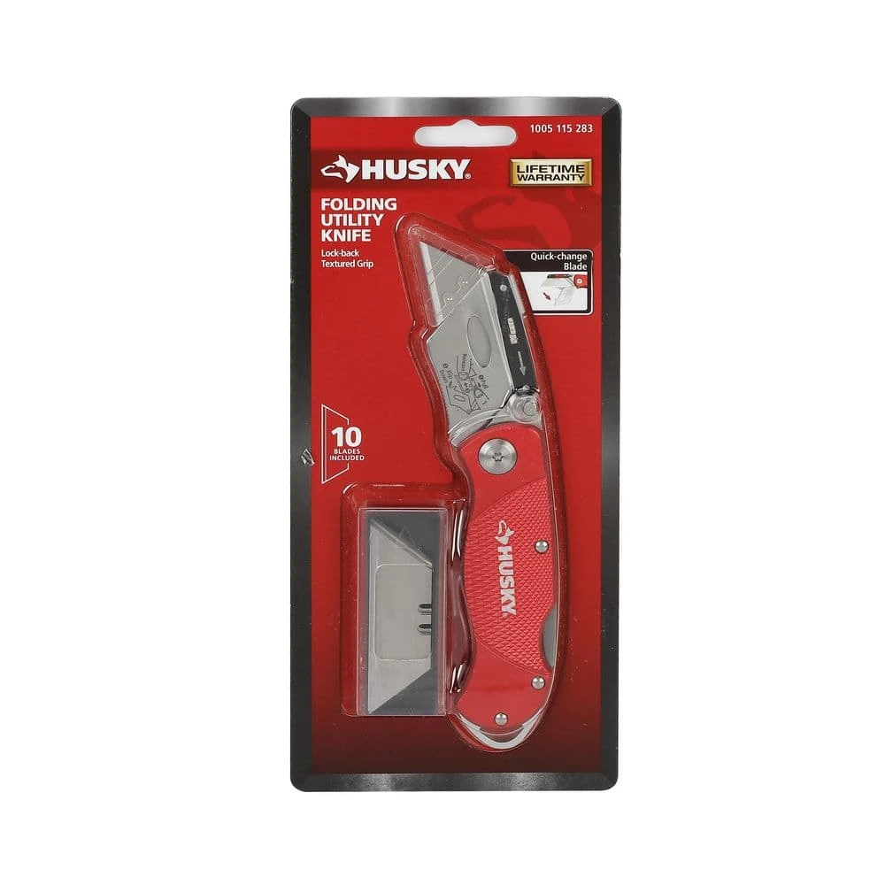 Husky Folding Lock-Back Utility Knife, Red with 10-Blades - Image 5