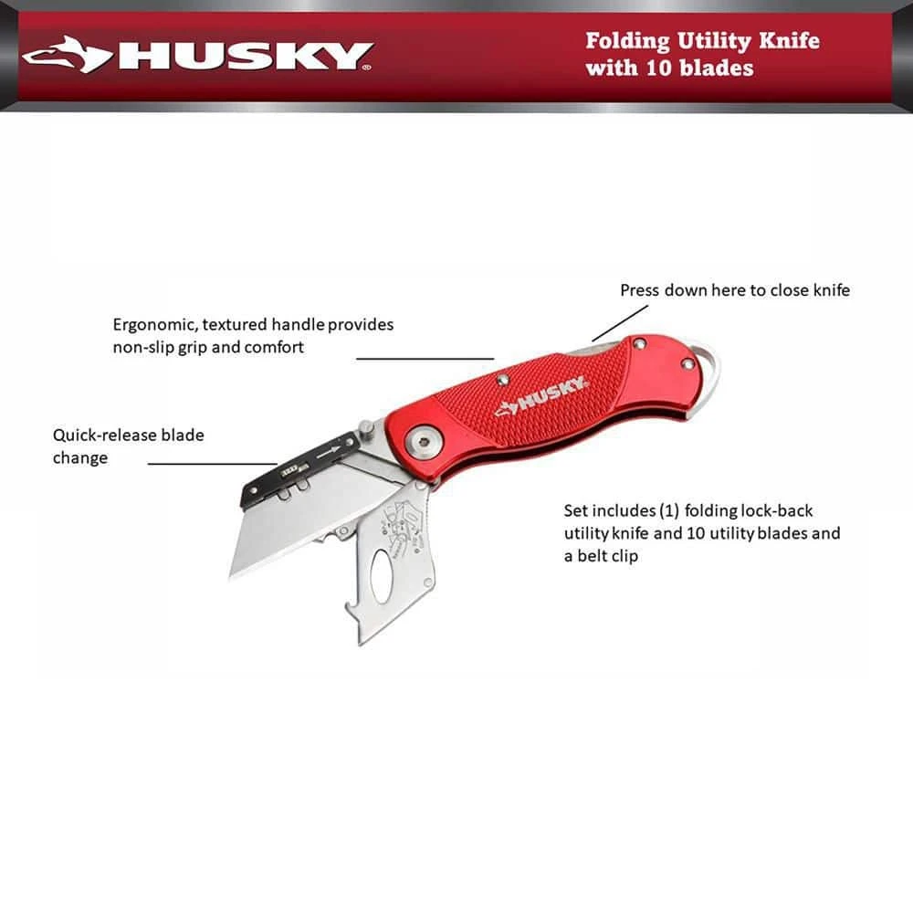 Husky Folding Lock-Back Utility Knife, Red with 10-Blades - Image 3