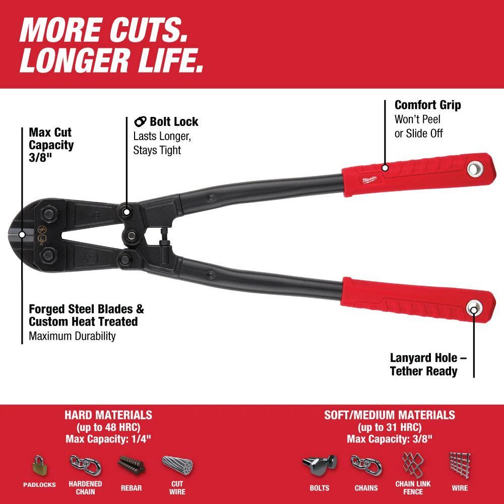 Milwaukee 18 in. Bolt Cutter with 3/8 in. Maximum Cut Capacity and 6-in-1 Wire Strippers Pliers - Image 2
