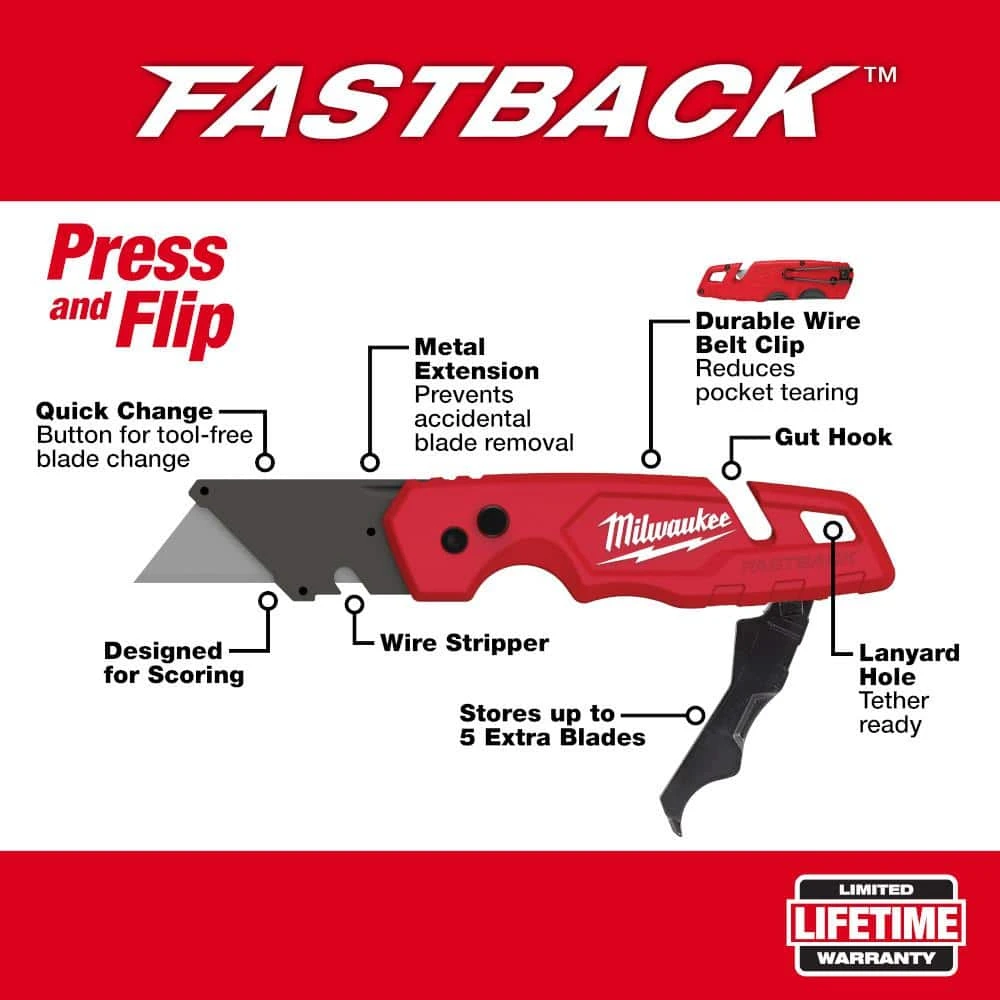 Milwaukee FASTBACK Folding Utility Knife with Blade Storage and General Purpose Blade - Image 2