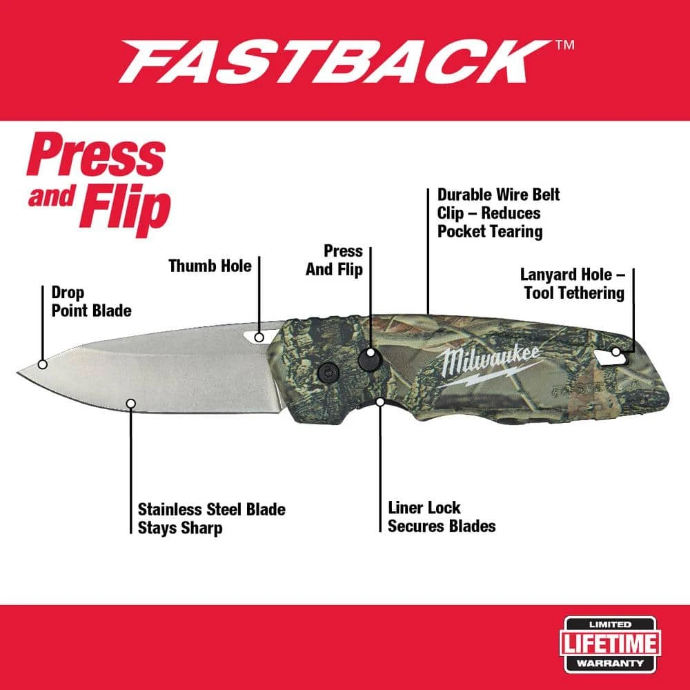 Milwaukee FASTBACK Camo Stainless Steel Folding Knife with 2.95 in. Blade and 6-in-1 Wire Strippers Pliers - Image 2