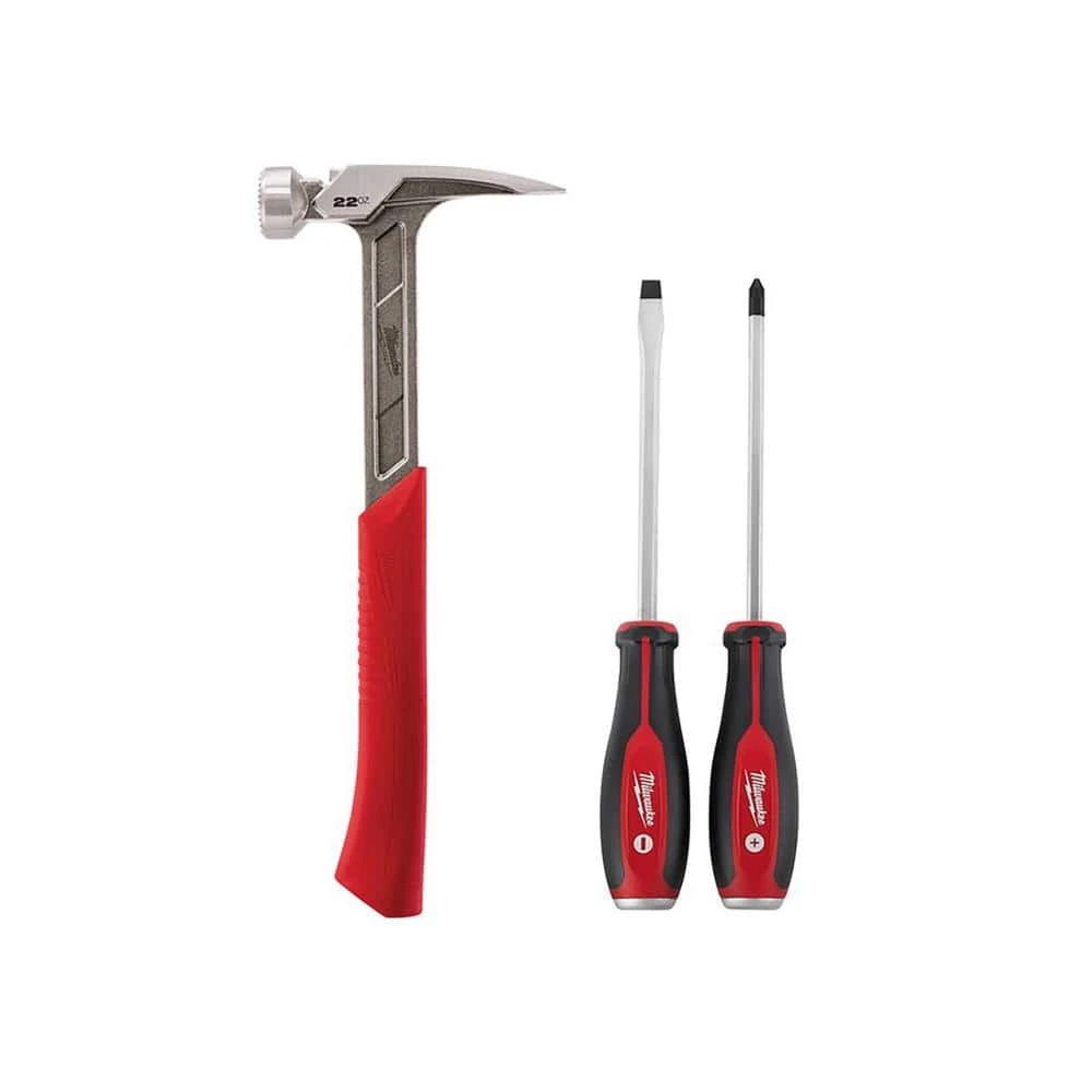 Milwaukee 22 oz. Milled Face Framing Hammer with Demo Screwdriver Drivers with Steel Caps (3-Piece)