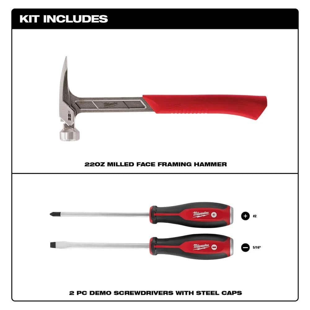Milwaukee 22 oz. Milled Face Framing Hammer with Demo Screwdriver Drivers with Steel Caps (3-Piece) - Image 2