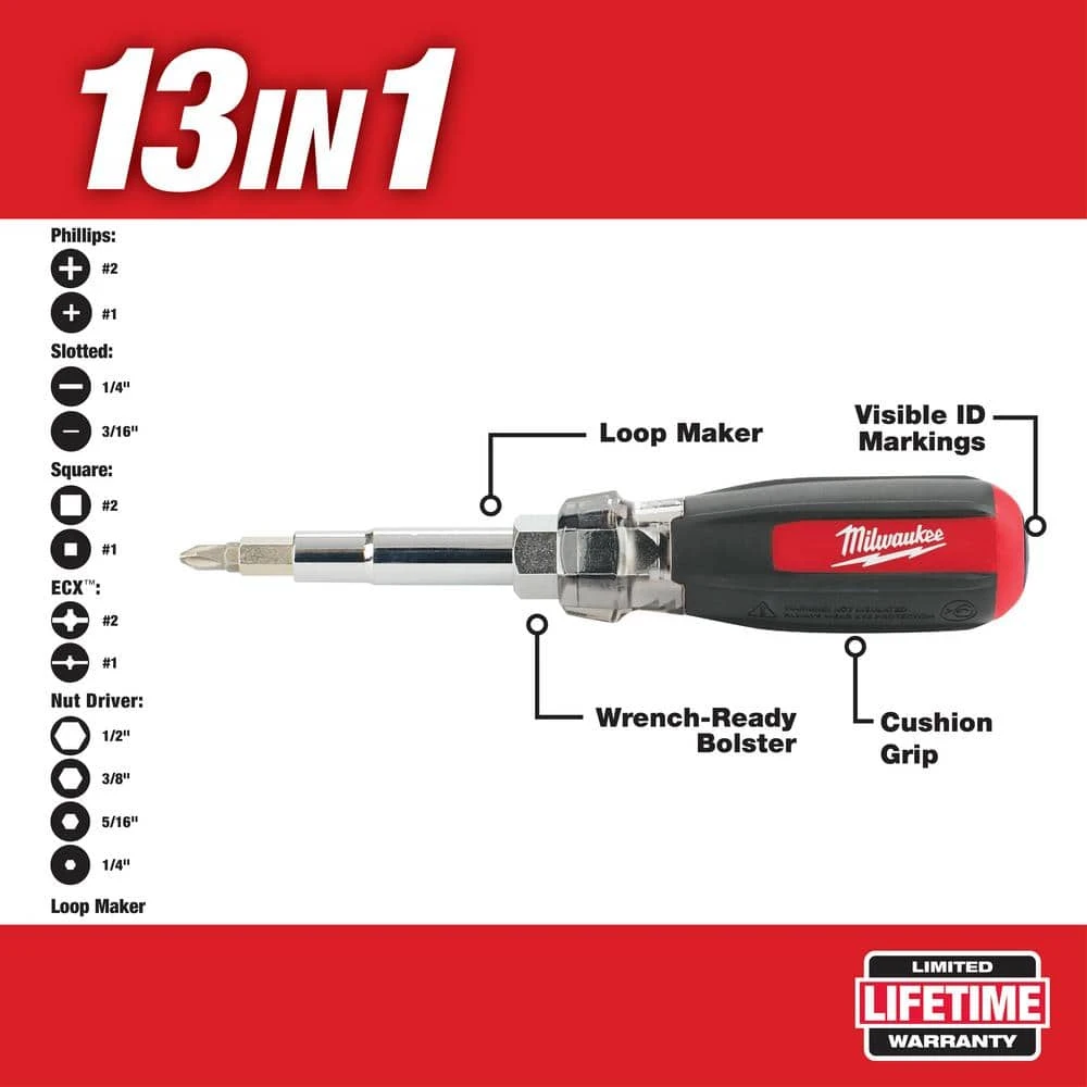 Milwaukee 13-in-1 Multi-Tip Cushion Grip Screwdriver with 6-in-1 Wire Stripper Pliers - Image 2