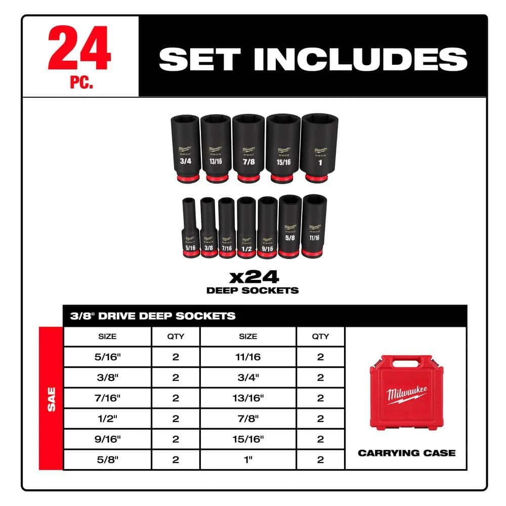 Milwaukee SHOCKWAVE 3/8 in. Drive Deep Well 6-Point Impact Socket Set (24-Piece) - Image 3