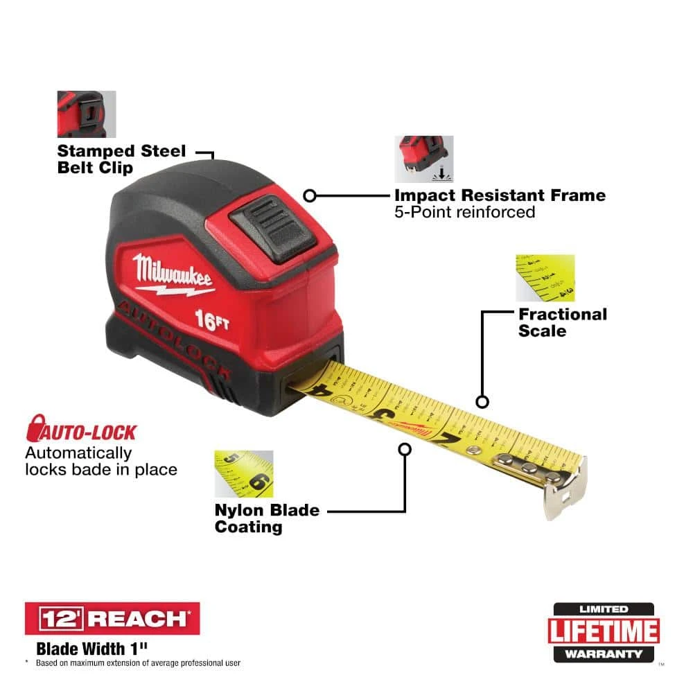 Milwaukee 16 ft. Compact Auto Lock Tape Measure - Image 2